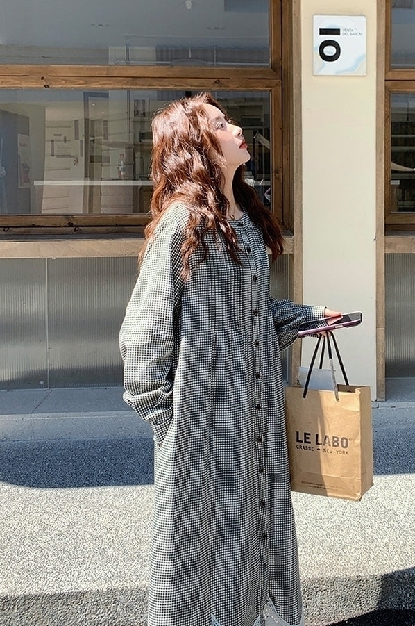 Vintage Plaid Patchwork Casual Shirt Dress