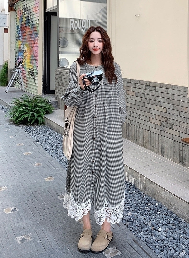Vintage Plaid Patchwork Casual Shirt Dress