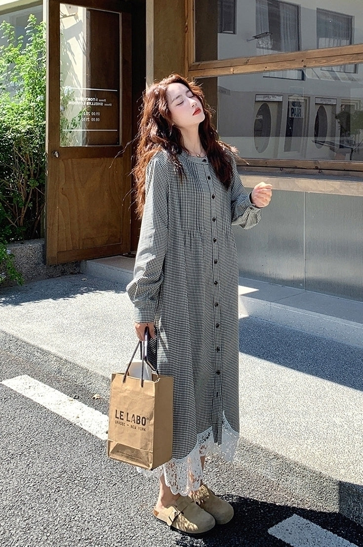 Vintage Plaid Patchwork Casual Shirt Dress