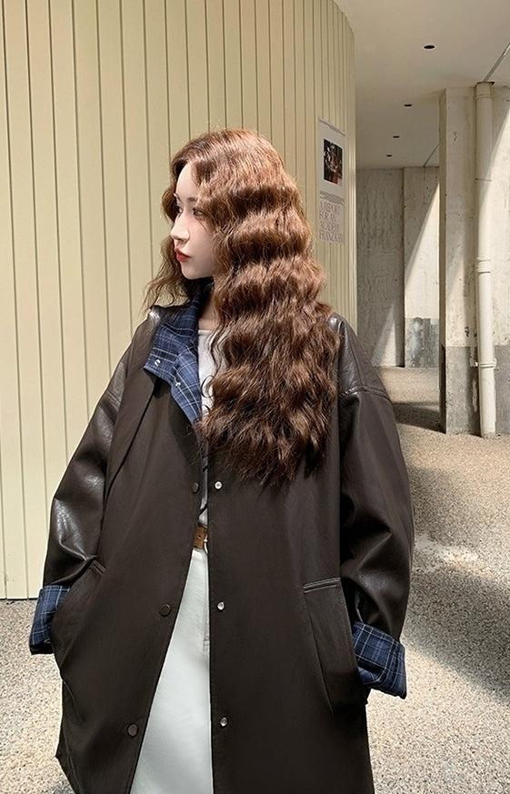 Vintage Plaid Patchwork Pu Leather Reversible Jacket
