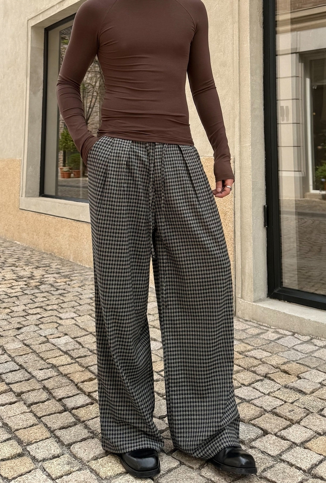Vintage Plaid Pleated Wide Leg Casual Pants