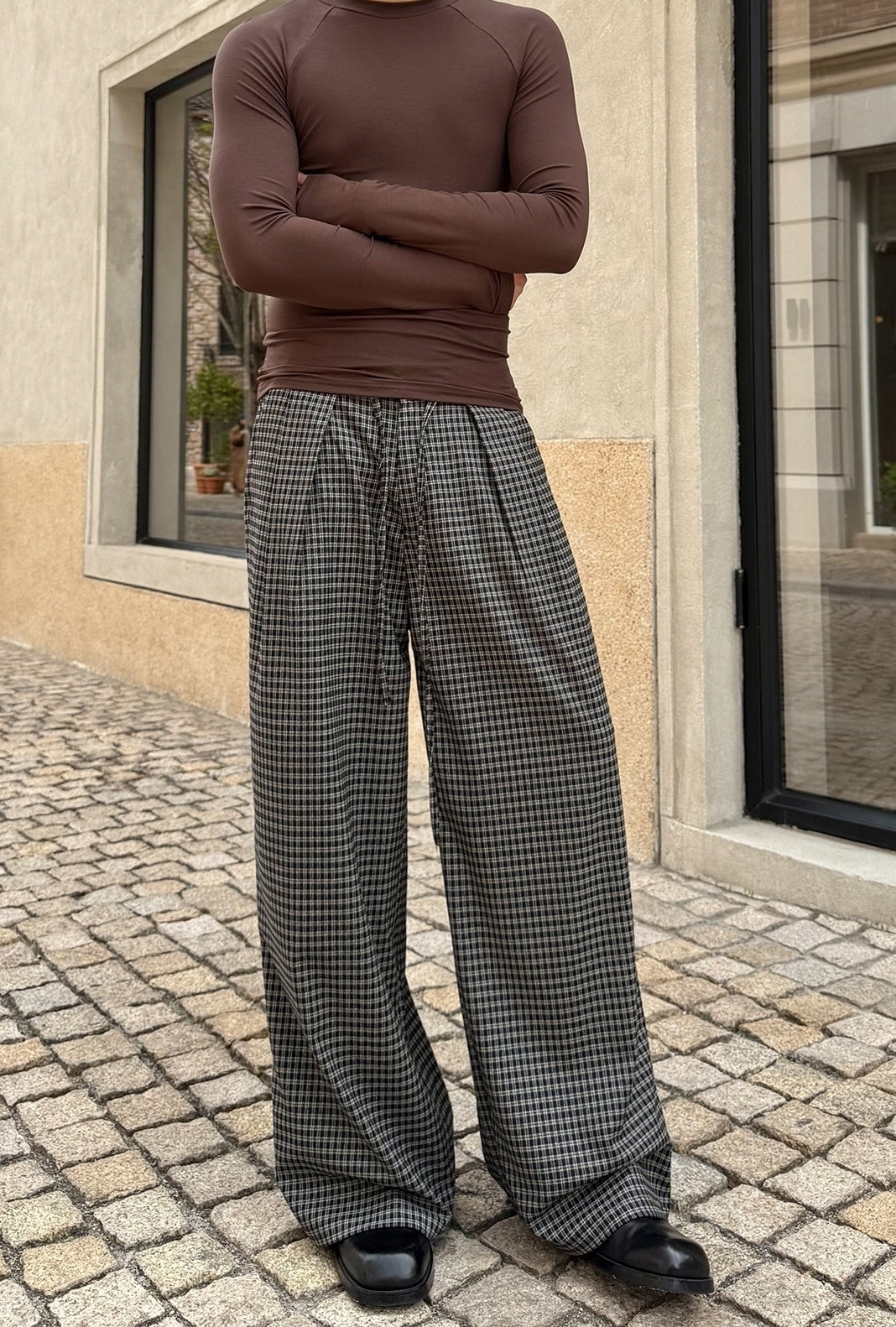 Vintage Plaid Pleated Wide Leg Casual Pants