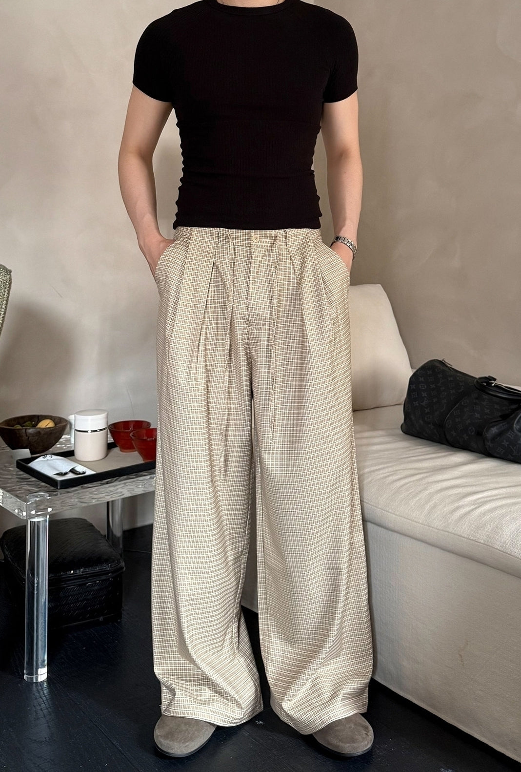 Vintage Plaid Pleated Wide Leg Casual Pants
