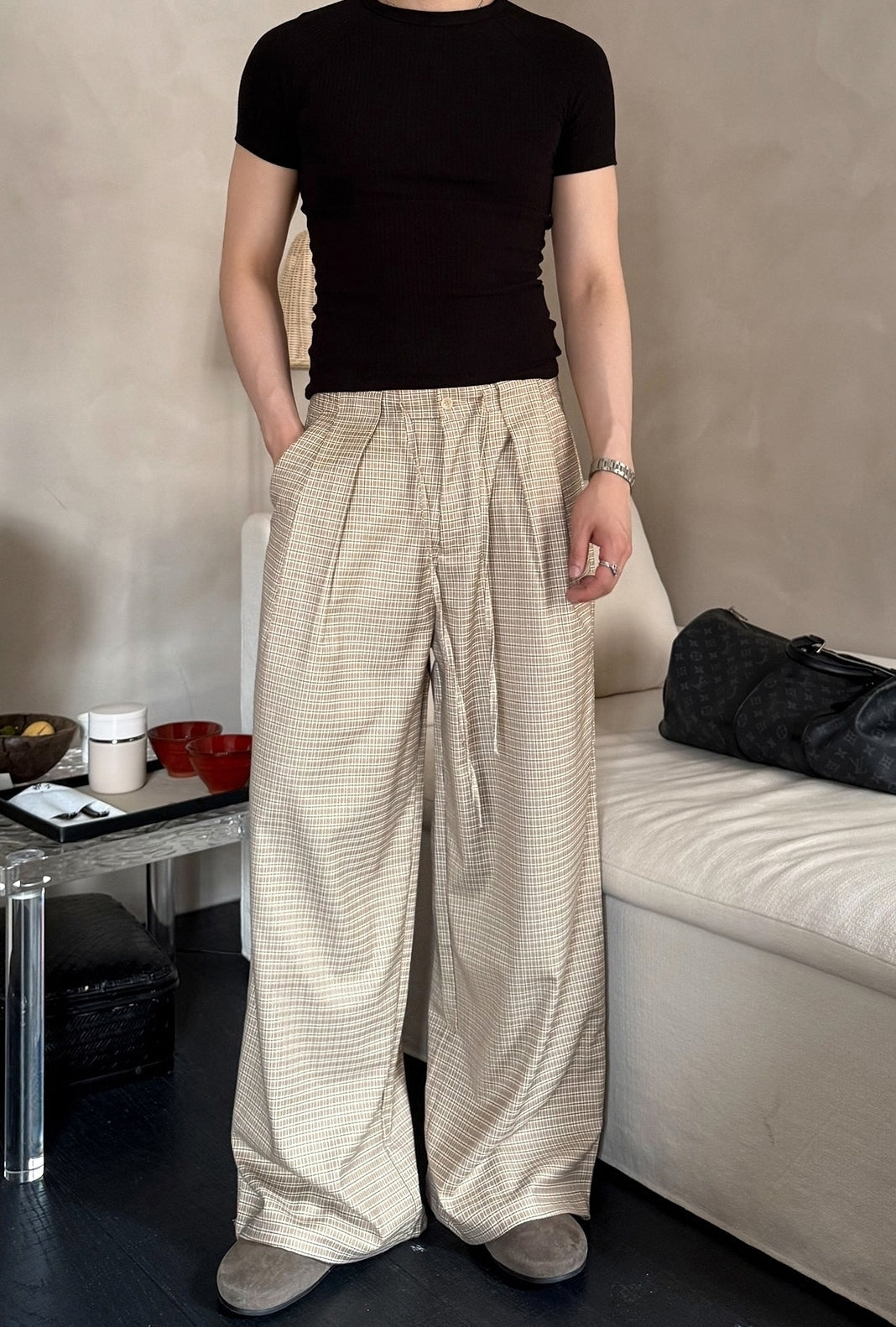 Vintage Plaid Pleated Wide Leg Casual Pants