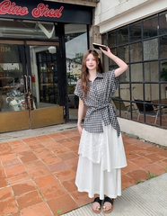 Vintage Plaid Short Sleeve Shirt And Skirt Set