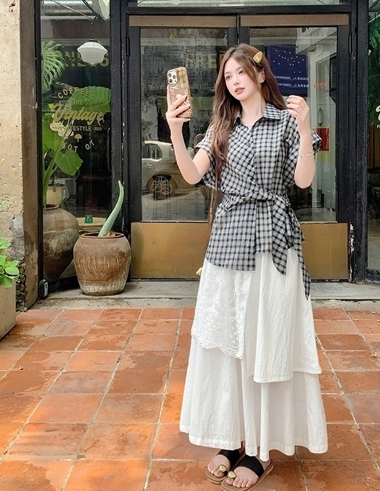 Vintage Plaid Short Sleeve Shirt And Skirt Set