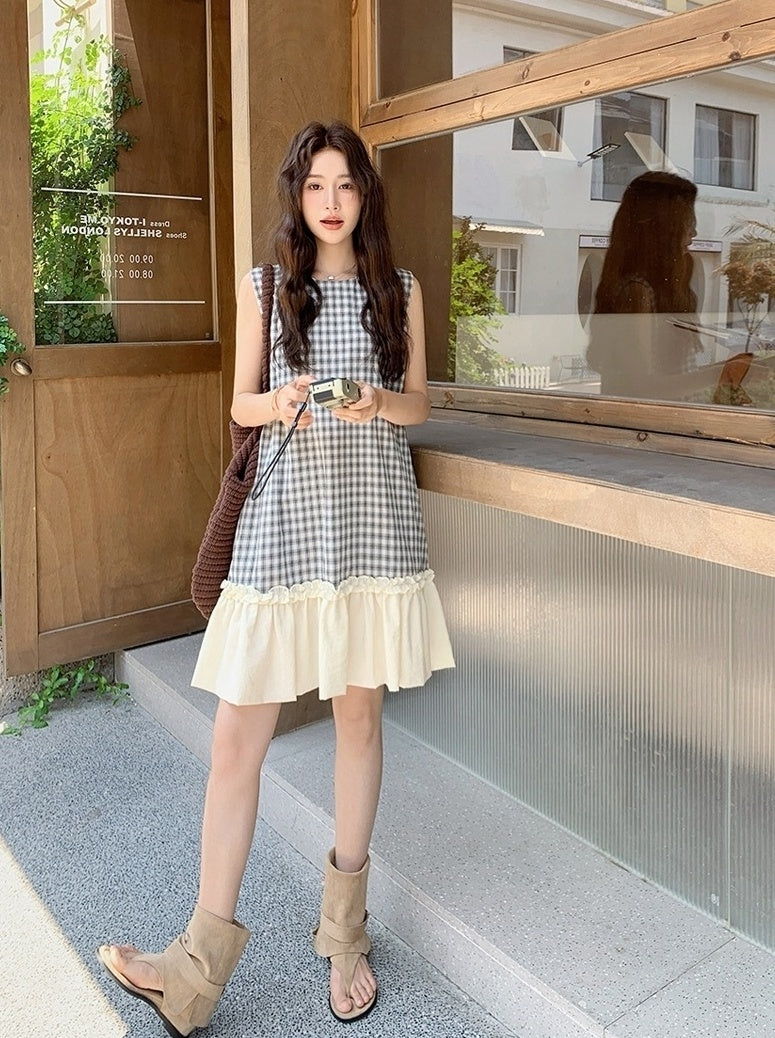 Vintage Plaid Sleeveless Lace Trim Midi Dress