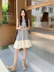 Vintage Plaid Sleeveless Lace Trim Midi Dress