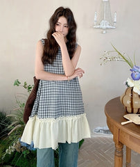 Vintage Plaid Sleeveless Lace Trim Midi Dress