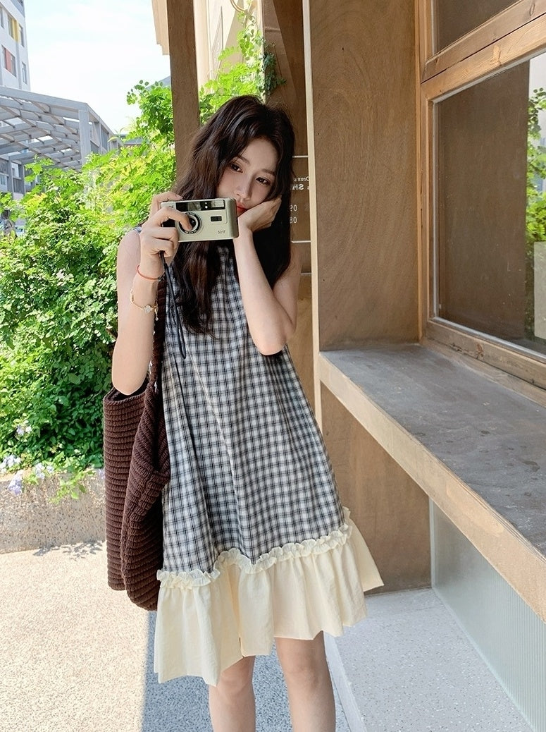 Vintage Plaid Sleeveless Lace Trim Midi Dress