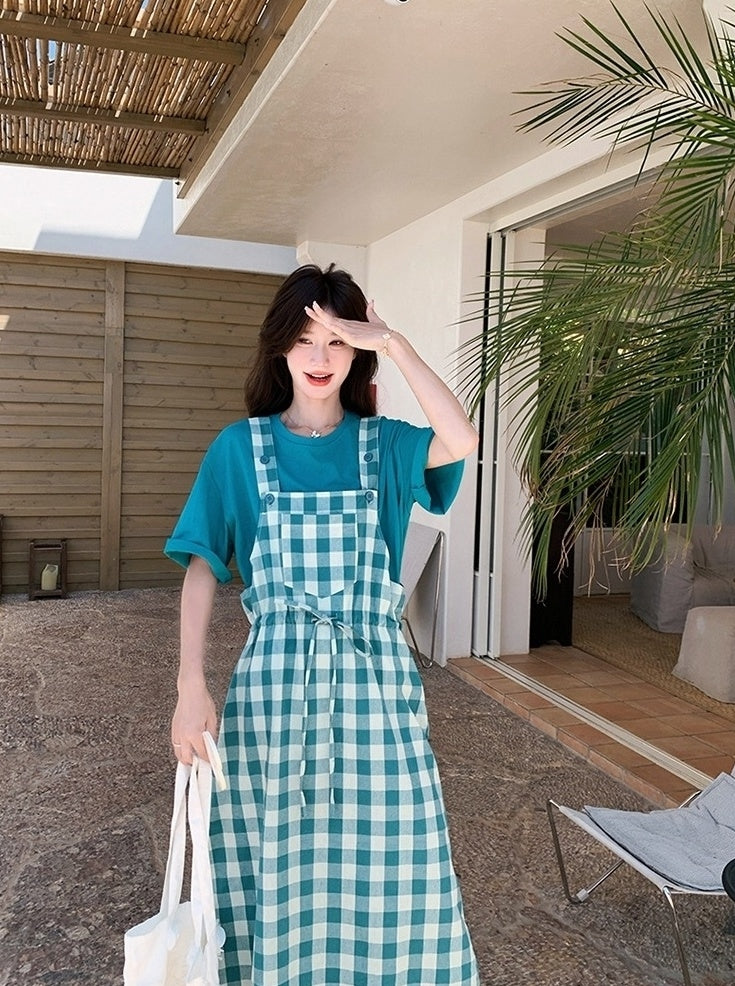 Vintage Plaid Suspender Dress Set With Top