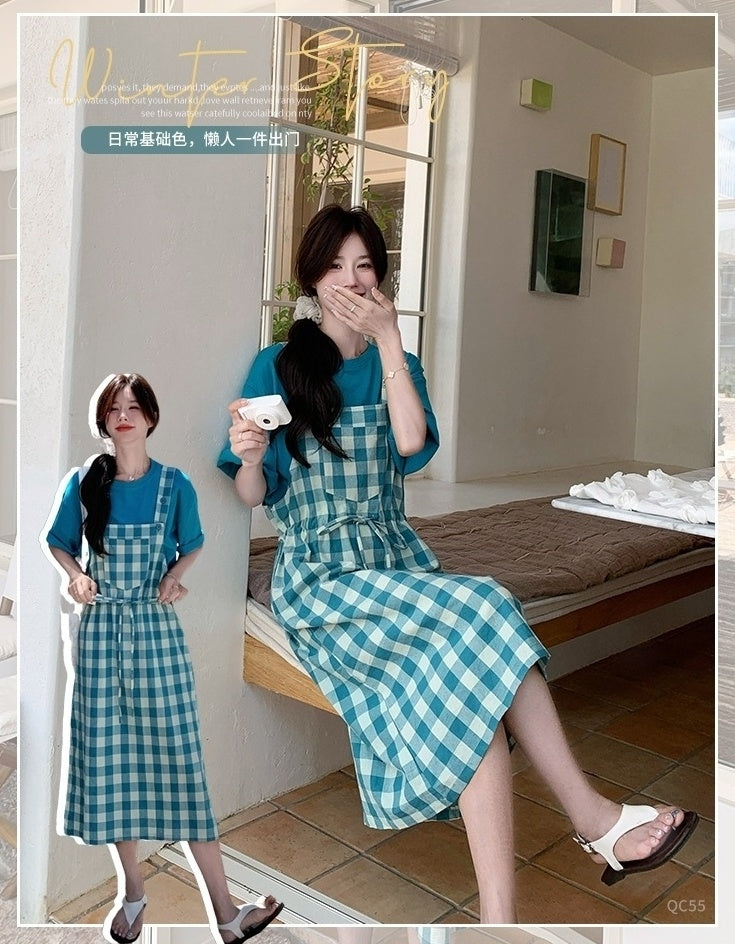 Vintage Plaid Suspender Dress Set With Top