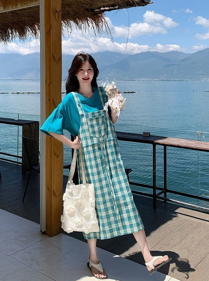Vintage Plaid Suspender Dress Set With Top