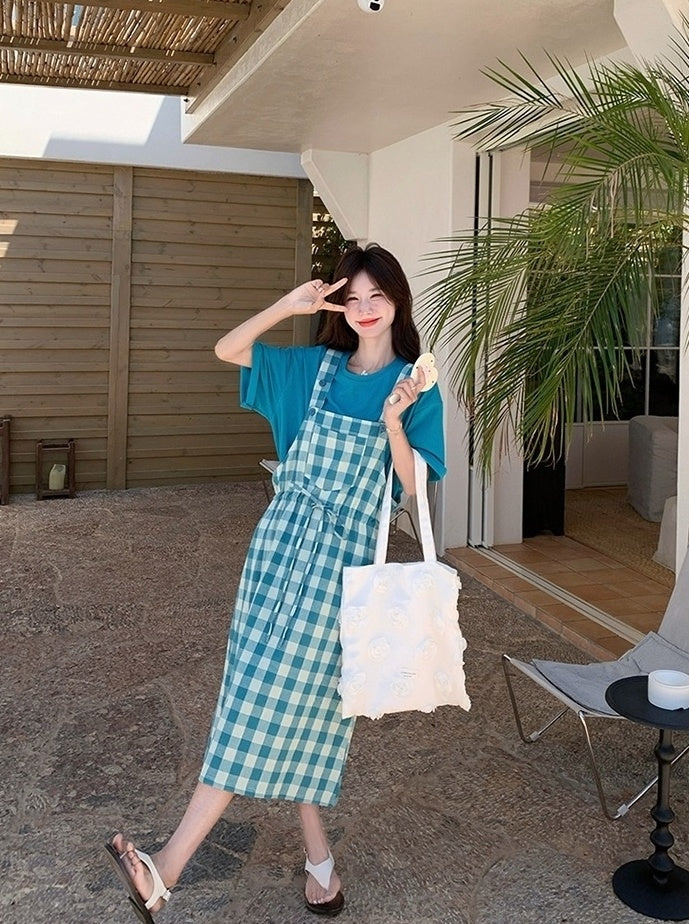 Vintage Plaid Suspender Dress Set With Top
