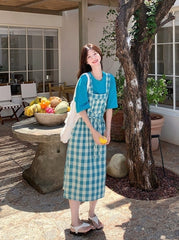 Vintage Plaid Suspender Dress Set With Top