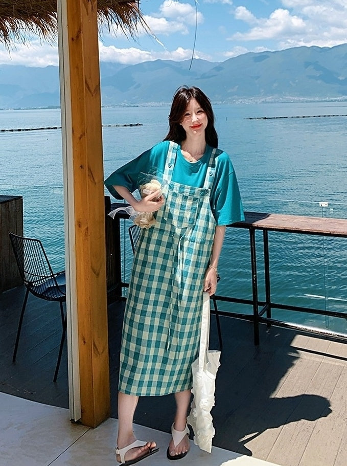 Vintage Plaid Suspender Dress Set With Top