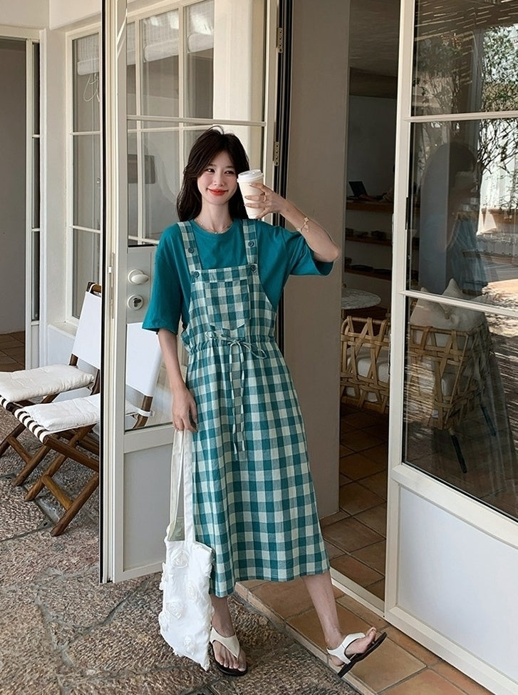 Vintage Plaid Suspender Dress Set With Top