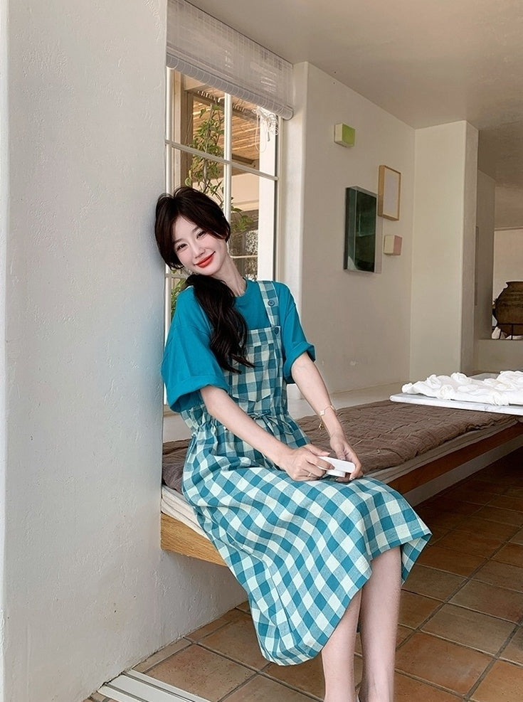 Vintage Plaid Suspender Dress Set With Top
