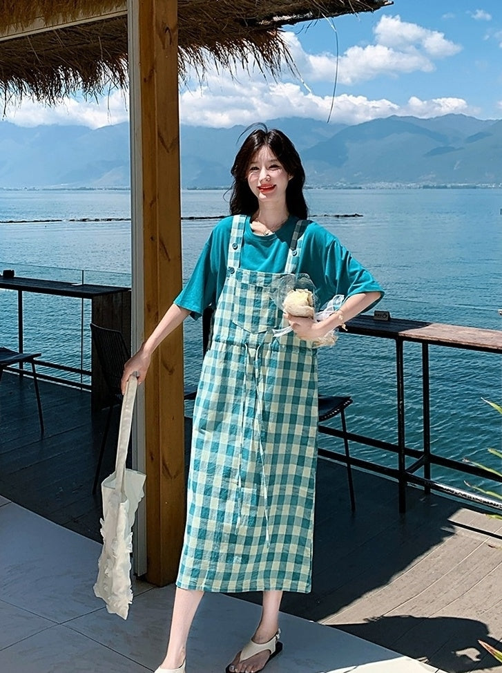 Vintage Plaid Suspender Dress Set With Top
