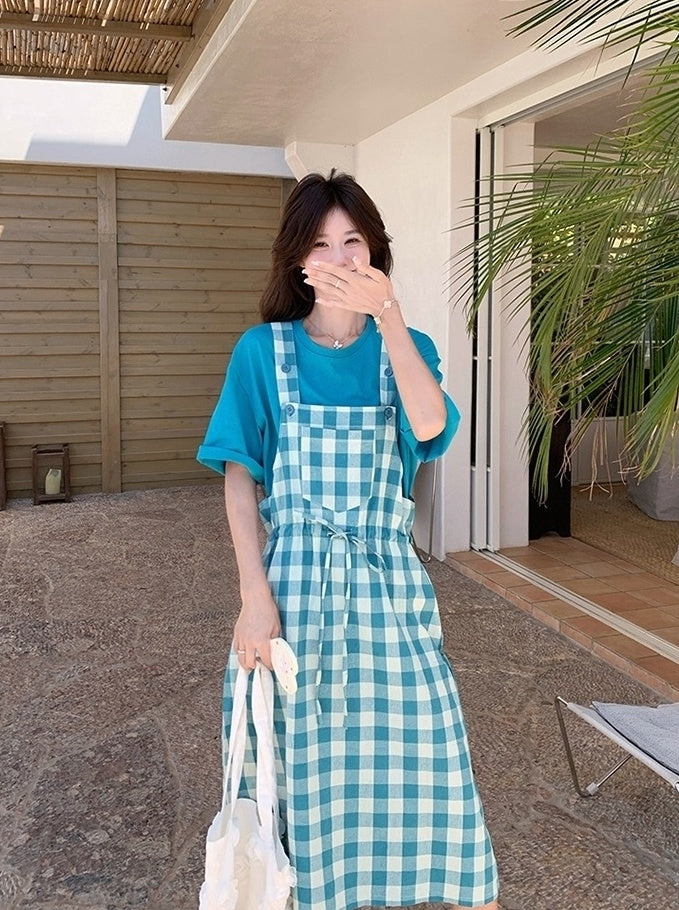 Vintage Plaid Suspender Dress Set With Top