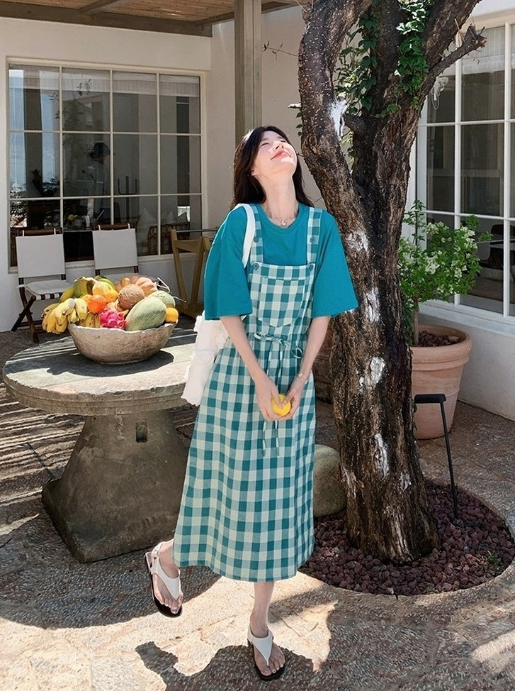 Vintage Plaid Suspender Dress Set With Top