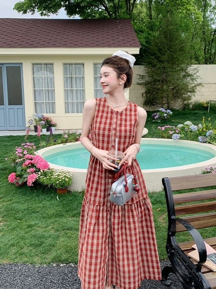 Vintage Plaid Sweet Sleeveless Waist Dress
