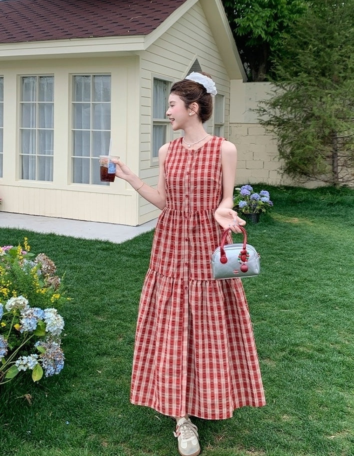 Vintage Plaid Sweet Sleeveless Waist Dress