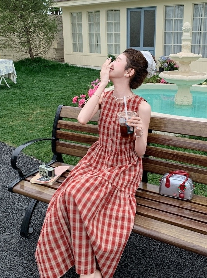 Vintage Plaid Sweet Sleeveless Waist Dress