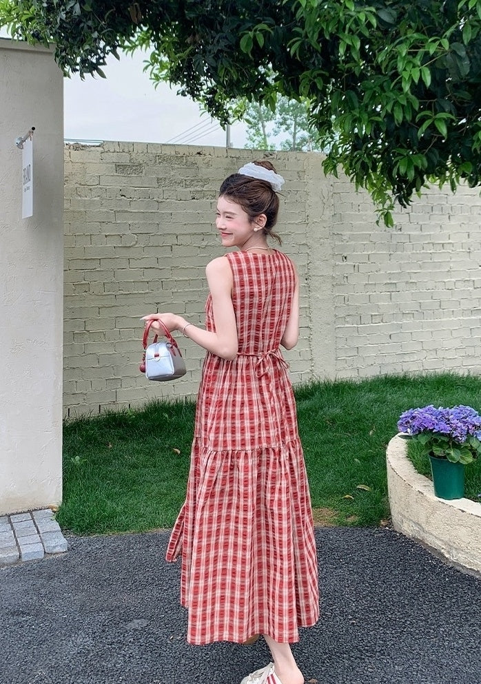 Vintage Plaid Sweet Sleeveless Waist Dress