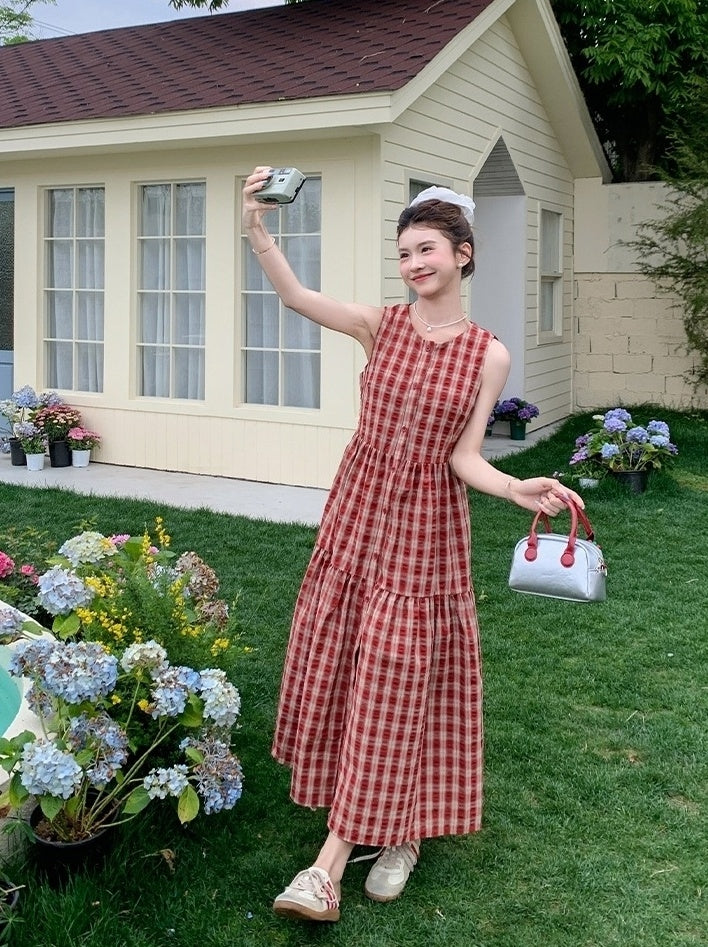 Vintage Plaid Sweet Sleeveless Waist Dress
