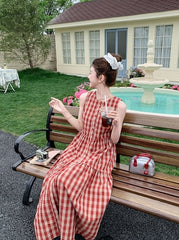 Vintage Plaid Sweet Sleeveless Waist Dress