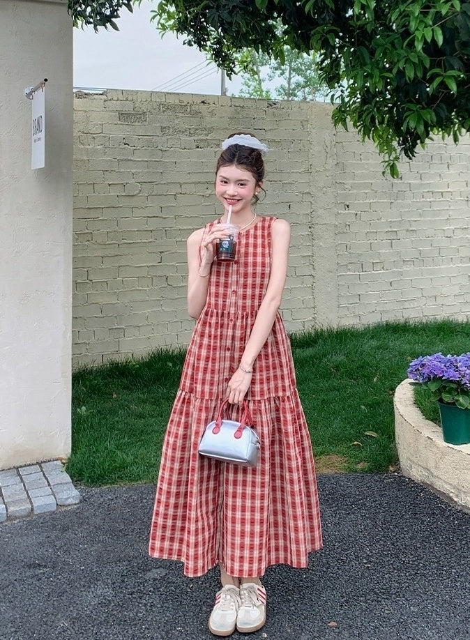 Vintage Plaid Sweet Sleeveless Waist Dress