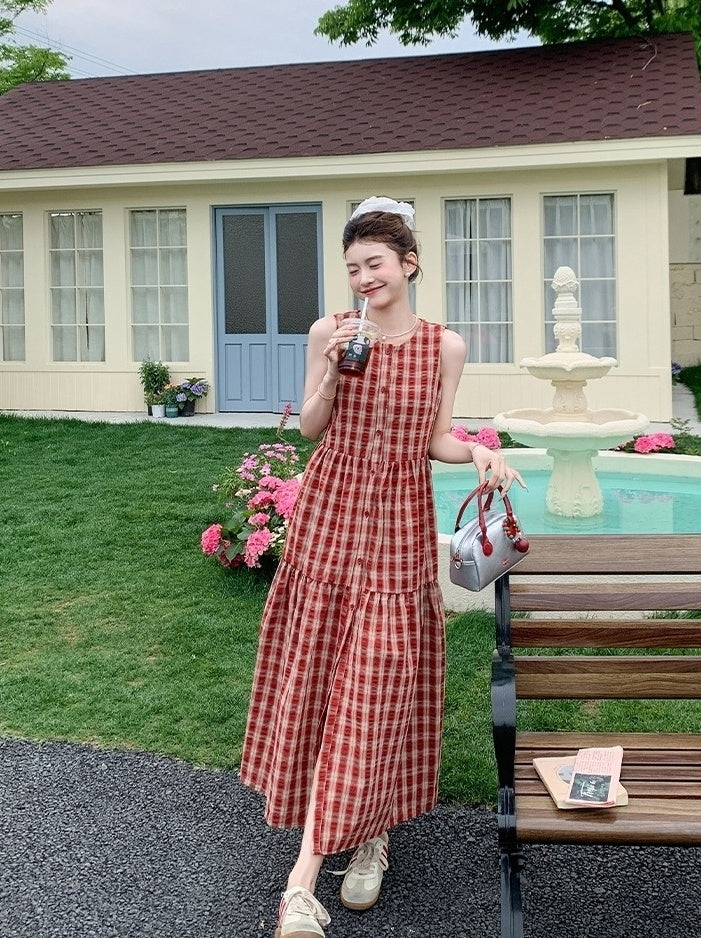 Vintage Plaid Sweet Sleeveless Waist Dress