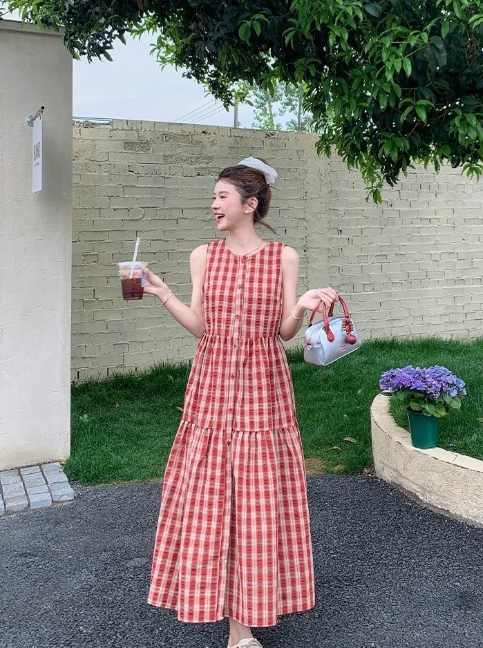 Vintage Plaid Sweet Sleeveless Waist Dress