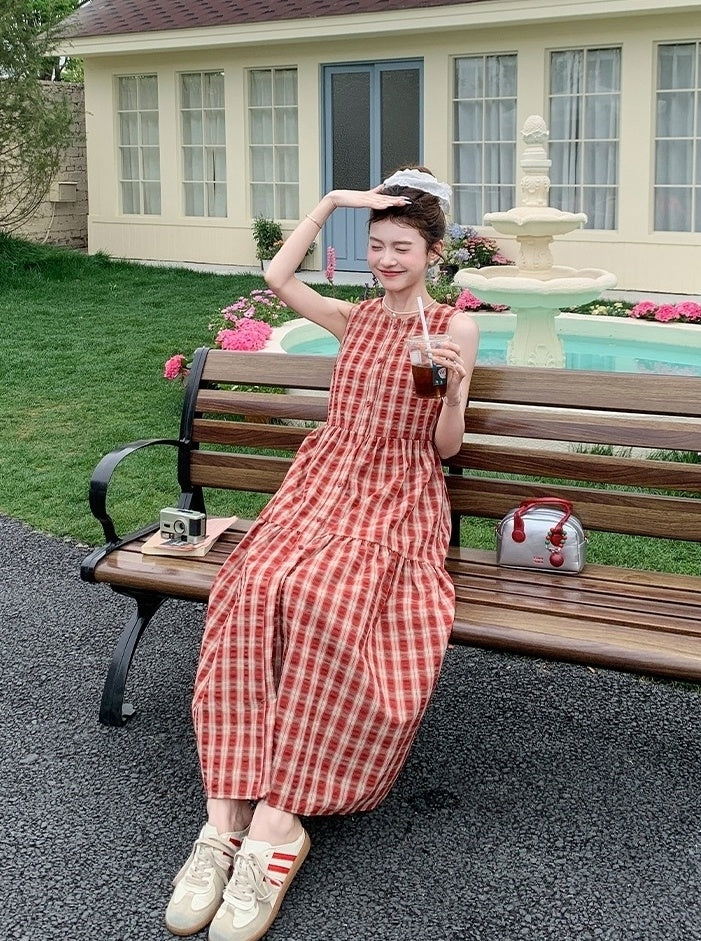 Vintage Plaid Sweet Sleeveless Waist Dress