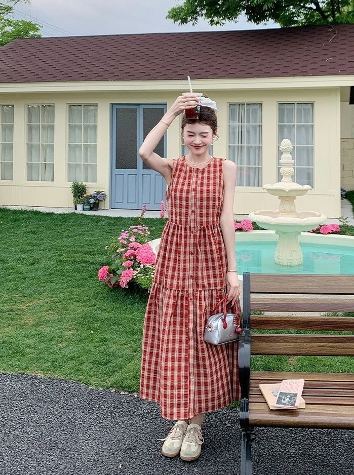Vintage Plaid Sweet Sleeveless Waist Dress