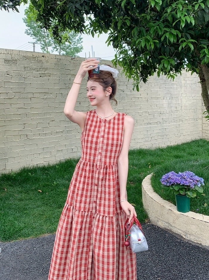 Vintage Plaid Sweet Sleeveless Waist Dress