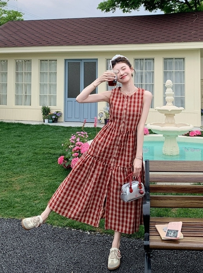 Vintage Plaid Sweet Sleeveless Waist Dress
