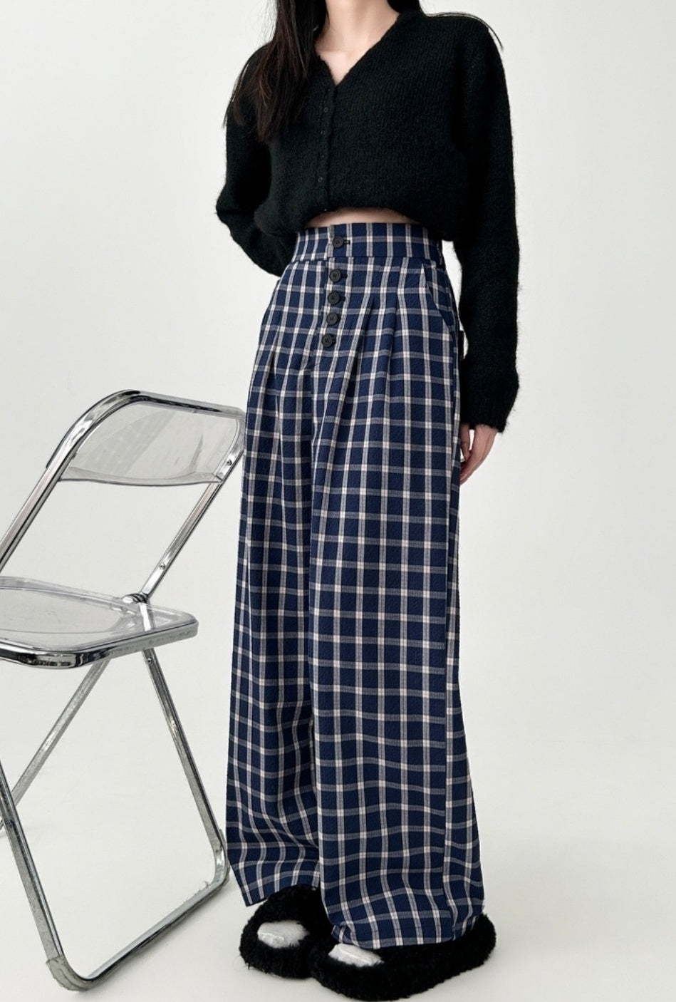 Vintage Plaid Wide Leg Casual Trousers