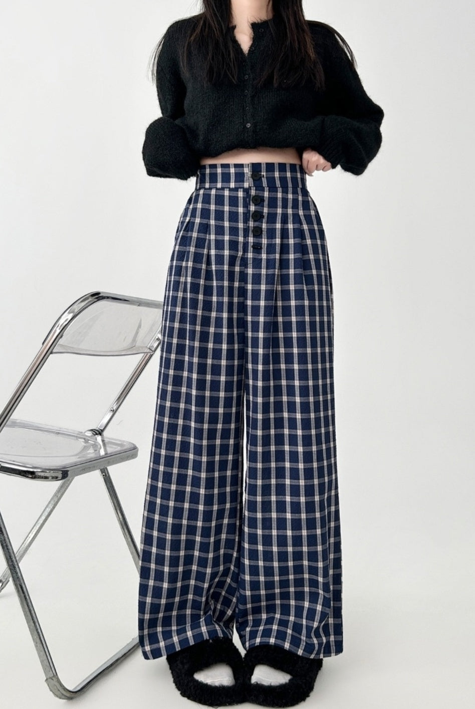 Vintage Plaid Wide Leg Casual Trousers