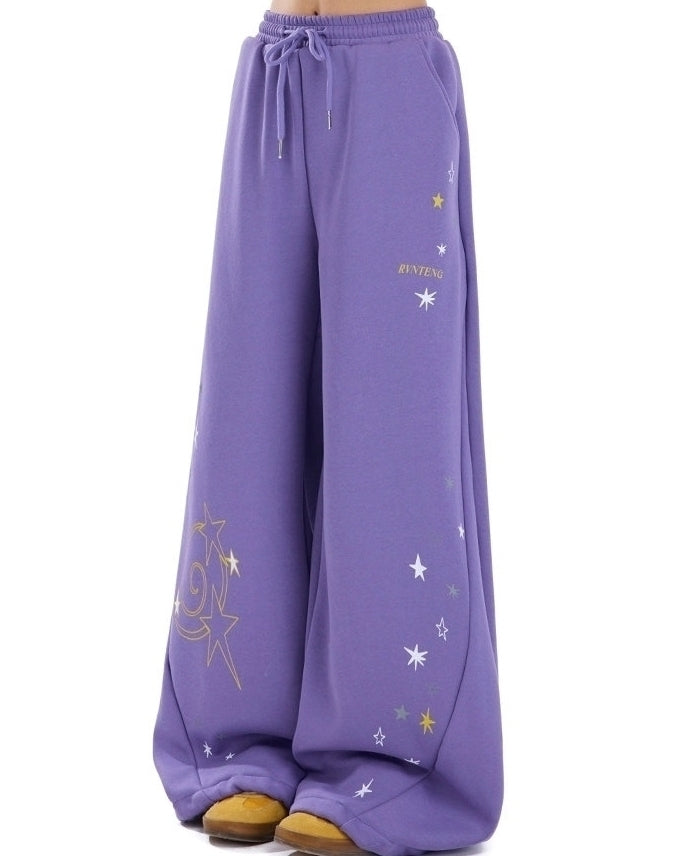 Vintage Star Print Wide Leg Warm Sweatpants