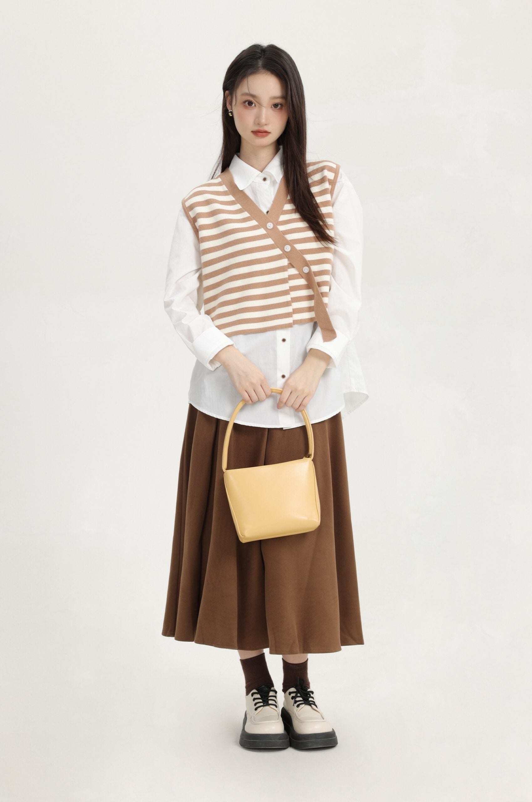 Khaki Stripe Knitted Vest With Asymmetrical Buttons