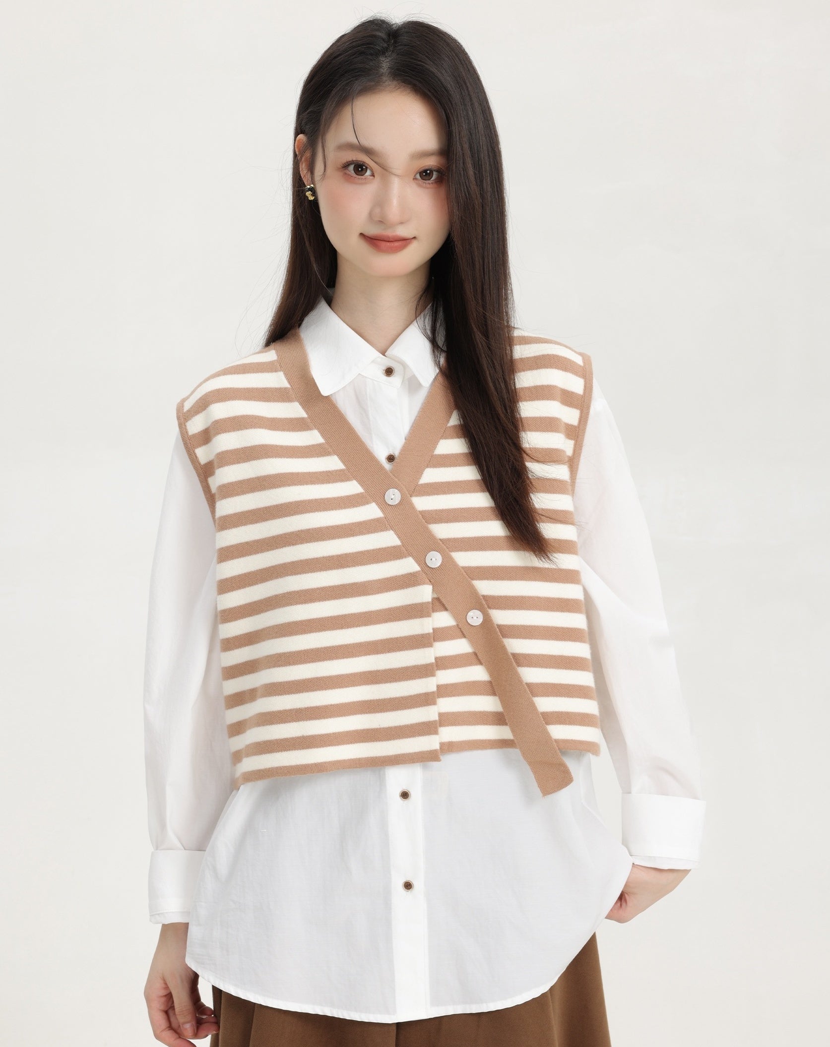 Khaki Stripe Knitted Vest With Asymmetrical Buttons