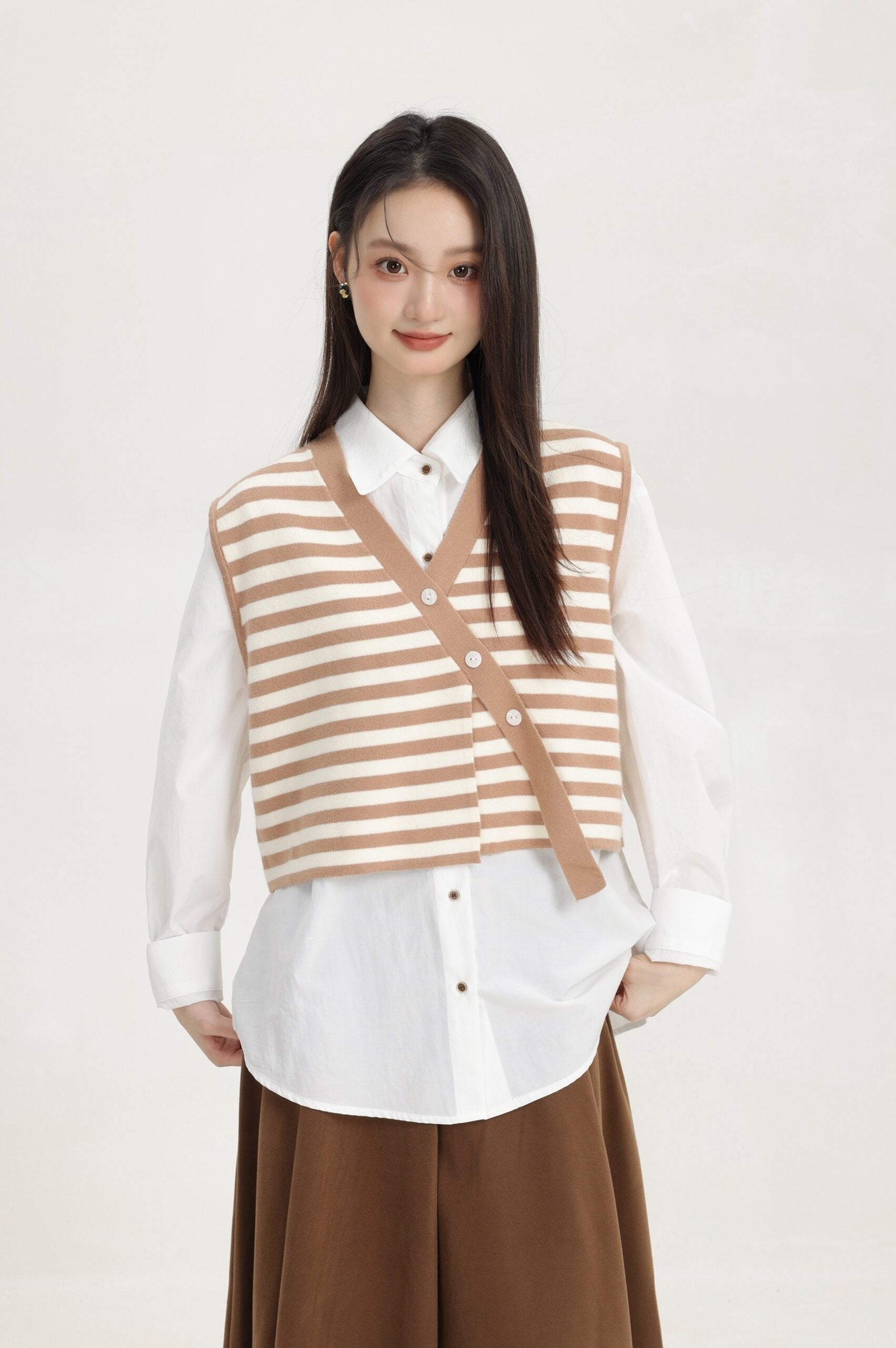 Khaki Stripe Knitted Vest With Asymmetrical Buttons