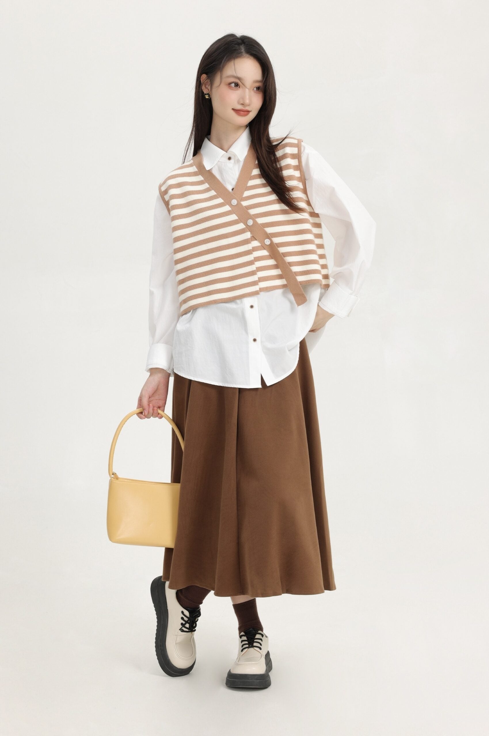 Khaki Stripe Knitted Vest With Asymmetrical Buttons