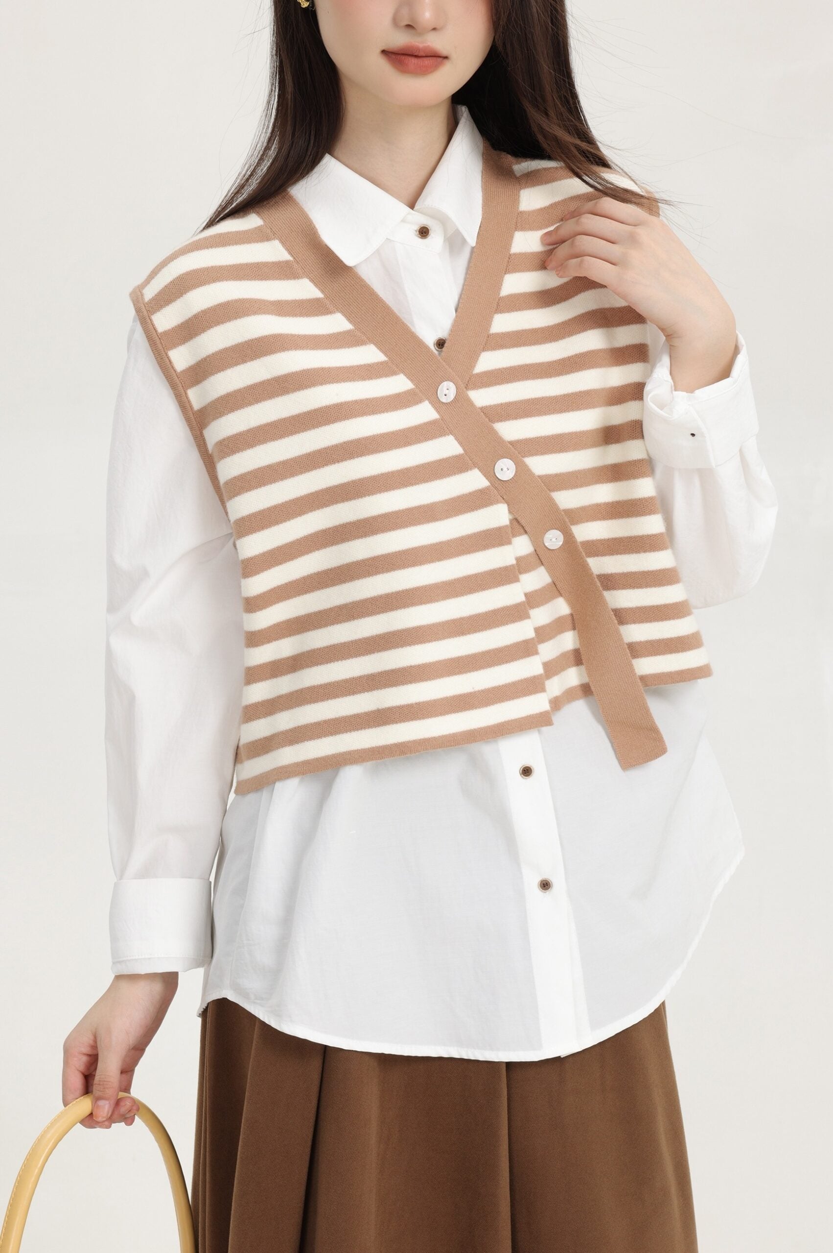 Khaki Stripe Knitted Vest With Asymmetrical Buttons