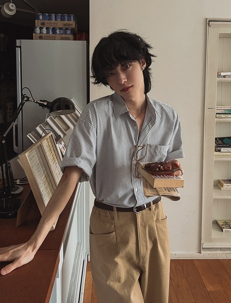 Vintage Striped Short Sleeve Casual Shirt