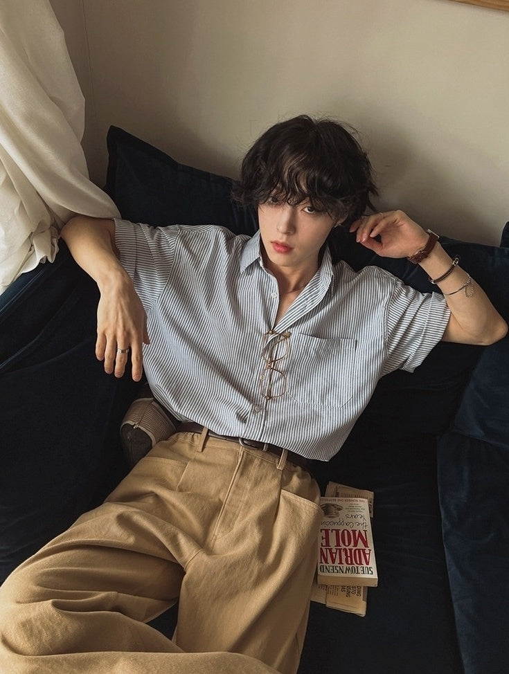 Vintage Striped Short Sleeve Casual Shirt