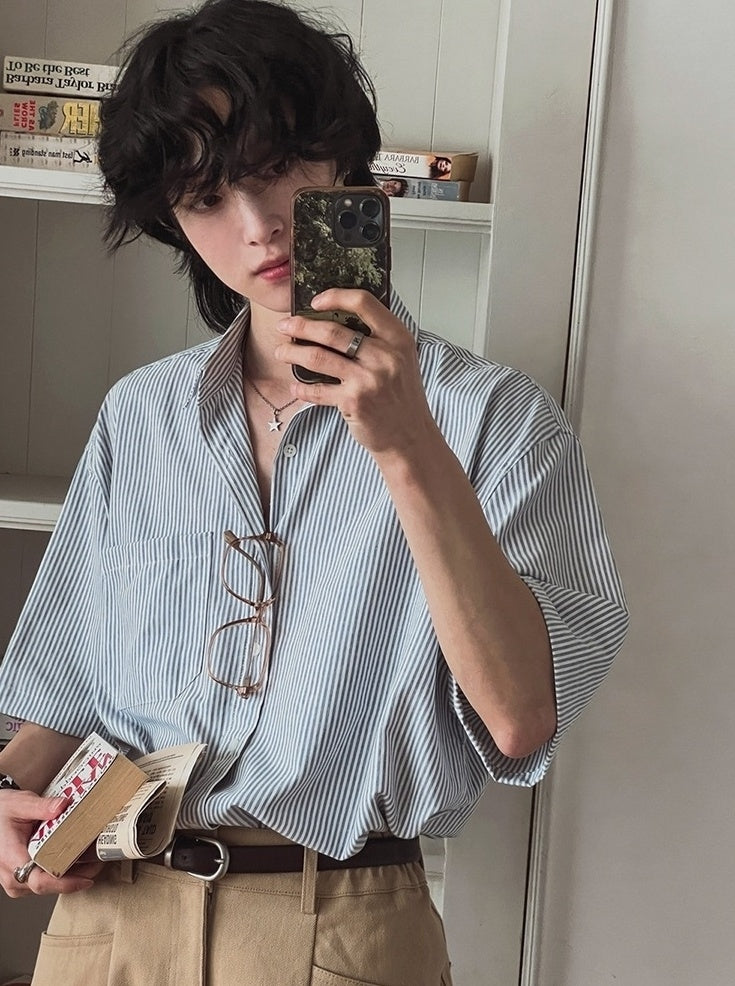 Vintage Striped Short Sleeve Casual Shirt