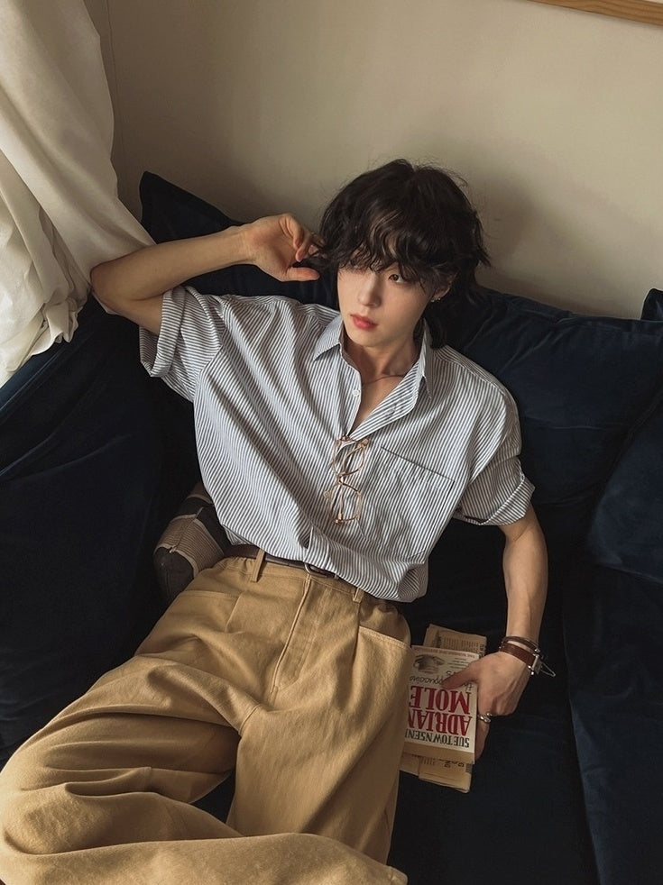 Vintage Striped Short Sleeve Casual Shirt